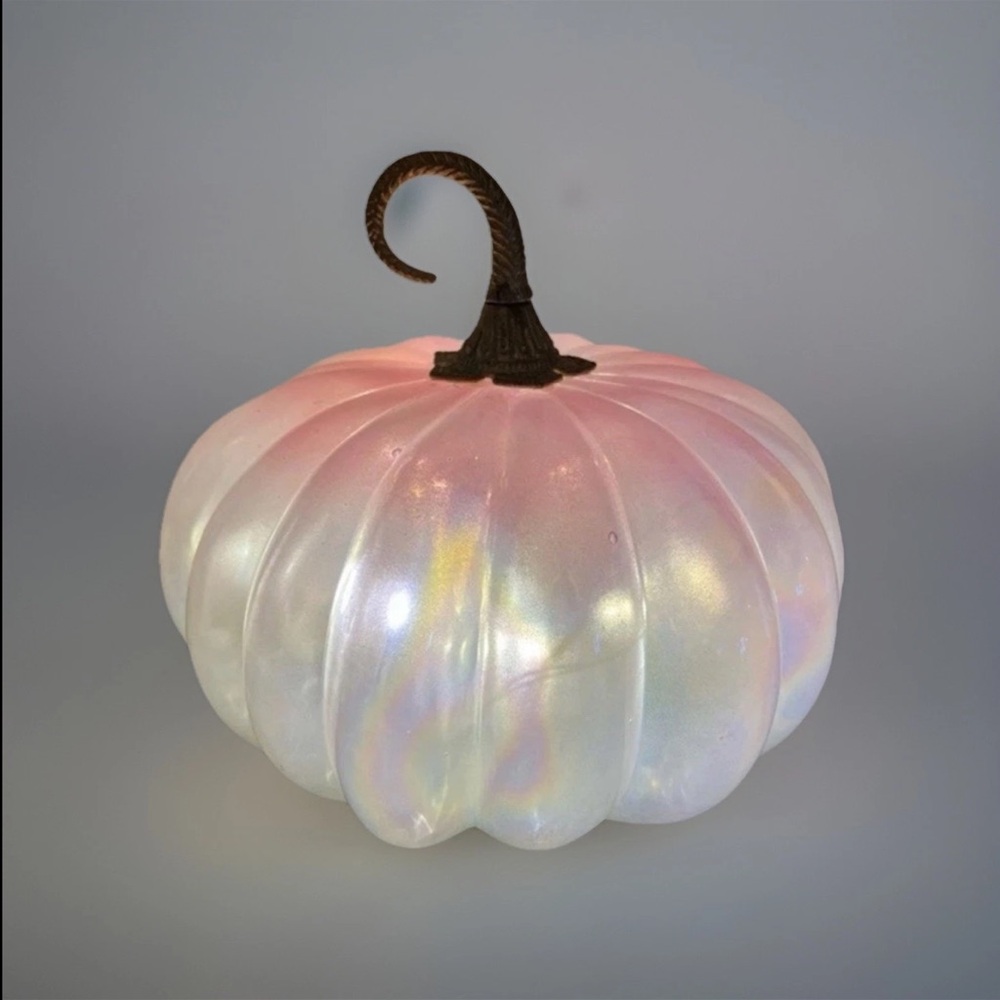 Large Iridescent PINK Glass LED Light Up Pumpkin, Fall Halloween Decor
